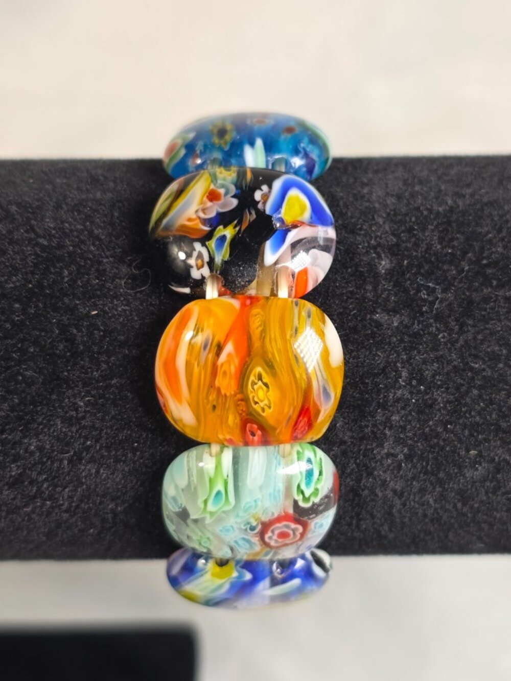 Vibrant Artisan Stretch Bracelet Multi-Color Millefiori & Mosaic Art-Glass Beads - Picture 6 of 10